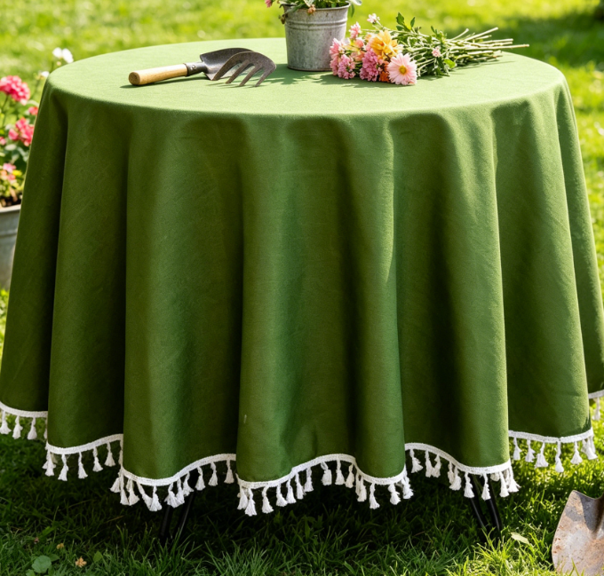 Solid Color Tassel Heavyweight Cotton-Linen Tablecloth, Green - Image 2