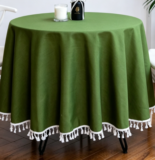 Solid Color Tassel Heavyweight Cotton-Linen Tablecloth, Green